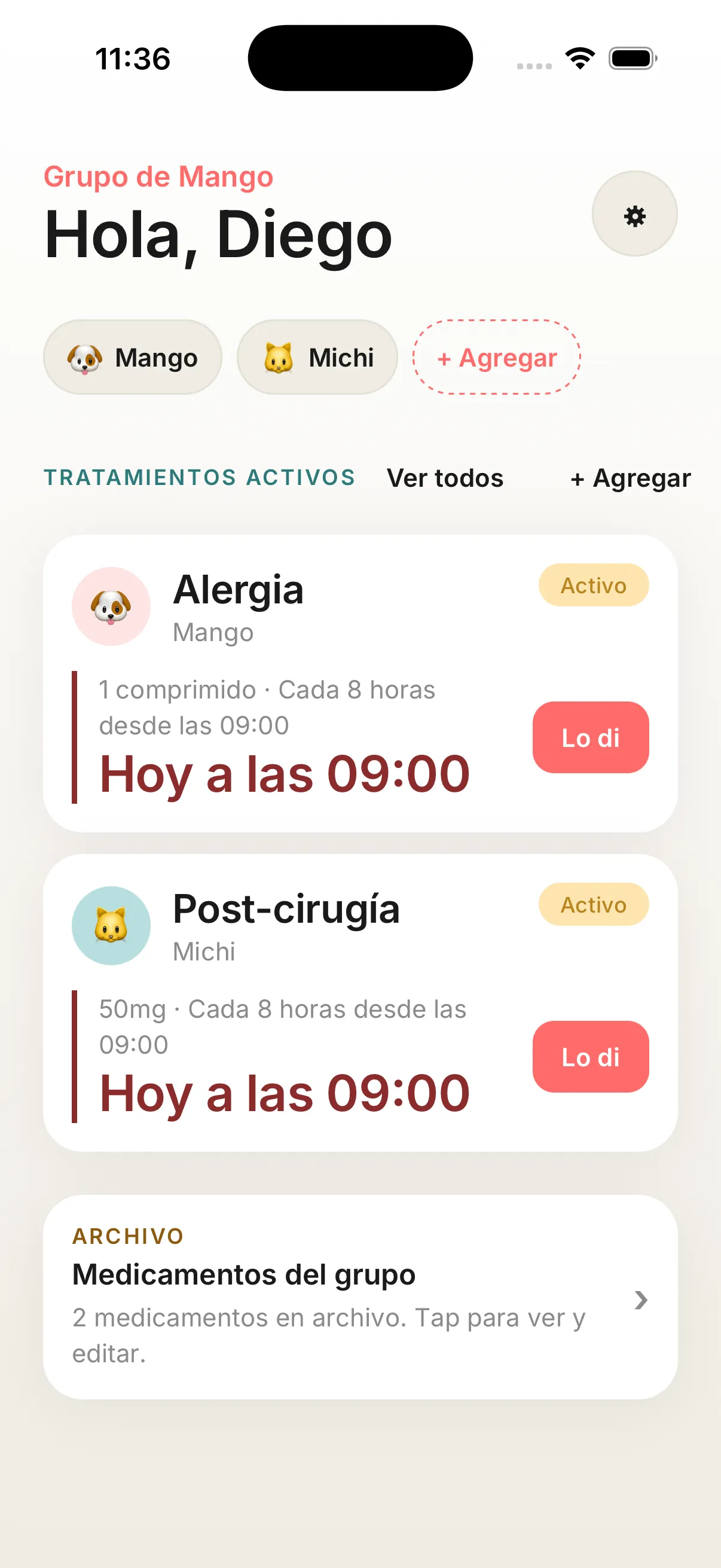 Laki screen showing Mango and Michi's active treatments, with an 'I gave it' button to mark each dose.